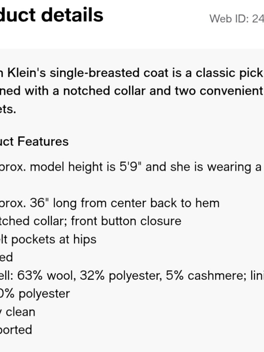 Calvin Klein Womens Single-Breasted Wool Blend Coat - Picture 6 of 6